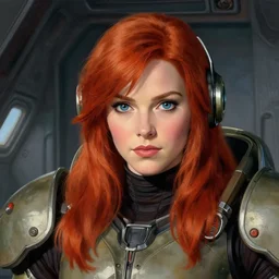 close metroid exosuit headshot portrait. ship interior bg. screenshot of a scene in metroid zero of beautiful christina hendricks as samus aran painted by norman rockwell. character designed by hideaki anno. long crimson hair. digital. lighting by james gurney. trending on artstation. masterpiece. artgerm alphonso mucha greg rutkowski.