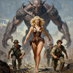 a mixed media painting of one very beautiful blonde woman fleeing from a colossal colossus creature, elegant, aesthetic!!! symmetrical face and eyes, piercing gaze, sixties pinup, explorer, photorealistic, curvy, model, epic sci - fi art, full length, tasteful, safe for work, tattered leather armor, by frank frazetta, donato giancola, boris vallejo, beeple, greg rutkowski, christian macnevin, high fantasy, prometheus, cgsociety, exquisite detail, post - processing, masterpiece, cinematic