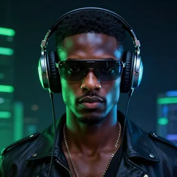 handsome black man wearing futuristic headphones, symmetrical face, portrait, colors black and green and blue, style is afrofuturism, neon, night, highly detailed, concept art, 8k, 35mm, character art, realism, hyperrealism, photography, DJ, surreal, chrome, artstation