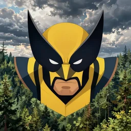 portrait of wolverine, forest, calm, fantasy character portrait, dynamic pose, above view, sunny day, thunder clouds in the sky, artwork by Jeremy Lipkin and Giuseppe Dangelico Pino and Michael Garmash and Rob Rey, very coherent symmetrical artwork, sharp edges, perfect face, simple form, 100mm