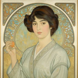 intricate burmese art nouveau painting : beautiful dark - haired woman journalist alex wagner in a 1 9 2 0 s chin - length bob hairstyle, little black dress, soft light, and mischievous smile, by rutkowski. manara, serpieri, wlop, mucha,