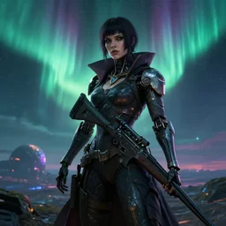 cybernetically enhanced female cyberpunk sorcerer sniper, an epic grim hyperdetailed 3 d matte painting, hallucinogenic on a distant sci - fi planet under dramatic aurora borealis by peter mohrbacher by jakub rozalski