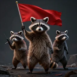 dark and gritty 3 d rendering of a raccoon revolutionary holding up a red flag, digital art