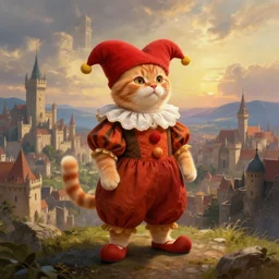 a fantasy painting of an anthropomorphic orange tabby cat dressed as a renaissance clown, standing on a hill overlooking a vast medieval city, cinematic, beautiful lighting, dramatic