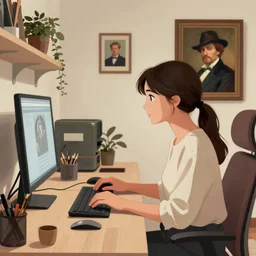 woman using computer, interior design, greg rutkowski, john singer sargent, anime, trending on artstation, intricate
