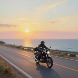 a motorcycle driving down a sunset road by the ocean, dramatic lighting, oil painting, pale colors, high detail, 8 k, wide angle, trending on artstation,