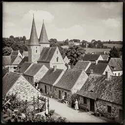 Medieval village, tintype photo, 1100 AD, Medieval photograph, French village