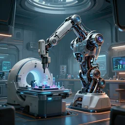 ( cyberpunk 2 0 7 7, bladerunner 2 0 4 9 ), a complex thick bifurcated robotic cnc surgical arm cybernetic symbiosis hybrid mri 3 d printer machine making a bio chemical lab, by nicoletta ceccoli, mark ryden, lostfish, artgerm, biomechanical, lens orbs, global illumination, lounge, architectural, f 3 2,