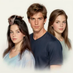 siblings, three male, one female, airbrush art, drew struzan illustration art, key art