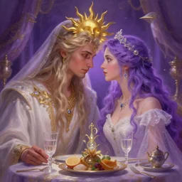 a dreamlike cinematic portrait of wedding photograph close up moment of a divine a russia sun god and moon goddess lovers magician at a wedding banquet. portraiture. digital painting. artstation. concept art. fantasy wedding photo. digital painting, 8 k realistic, hyper detailed, violet evergarden art masterpiece by art by krenz cushart