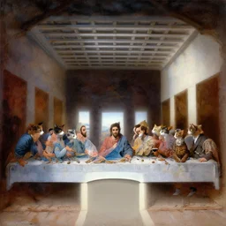 the scene of the last supper, man dressed in suits, with cat heads, under the porch of a typical portuguese house, with typical alentejo landscape in the back, sunny morning, matte painting, oil canvas, photorealistic illustration, extreme detail, hyper realistic, highly detailed, digital art