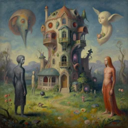 a peculiar, beautiful dreamscape | | strange beings | | strange dwellings | | organic painting by max masnyy, jakub gazmercik, beeple, patrick faulwetter, heavenlydaemonic, and mc escher, surrealism, trending on artstation