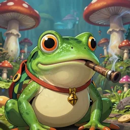 A close up portrait of a dignified psychedelic godlike anthropomorphic frog smoking an anime blunt , magic mushroom village in background . award winning. superb resolution. in the art style of junji Ito and greg rutkowski . Detailed Mushroom city in background. Hyper realistic anime. Perfect art. Dalle2