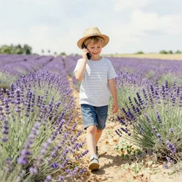 a young boy walking in a field of lavender, talking on the phone and smiling, watercolour painting, french style,