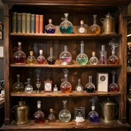 a bookshelf of wonderful magical experiments, located in a wizard's shop, full of trinkets and magical potions flasks vials, bubbling liquids, smoking vessels, detailed, 4 k