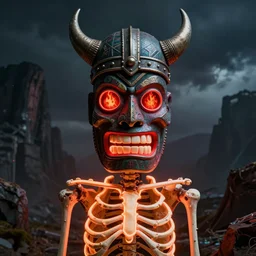 of a neon skeleton with tiki mask and viking helmet and red fiery eyes inspired by basquiat, art by greg rutkowski