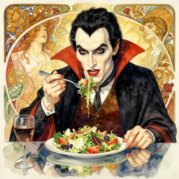 a beautifull intricate watercolour painting of a dracula eating salad, reflexions, verry high details by william turner art, greg rutkowski and alphonse mucha, trending on artstation, very very detailed, masterpiece, vibrant colors