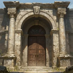 the massive ancient stone archway with wooden door, fantasy art by donato giancola and greg rutkowski, symmetry!!
