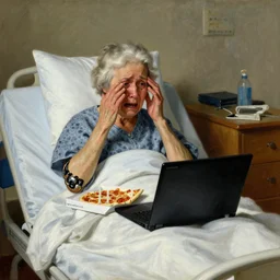 built physique elderly cyborg weeping desperate grandma trying to figure out how to order an online pizza sitting within the hospital bed glaring at her lenovo thinkpad laptop t 4 1 0 8 gb ram norman rockwell rembrandt vermeer winslow homer thomas eakins lucian freud edward hopper oil painting anachronistic realism