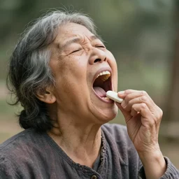an image of an old woman opening her mouth extremely wide and swallowing a whole goat like a pill