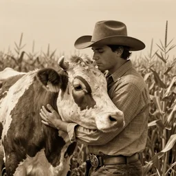 a cowboy hugging a cow in a corn field vintage sepia detailed 8 k