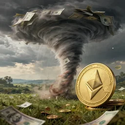 A tornado made of cash and Ethereum, cyrpto, landscape art, concept art, intense, 4k UHD