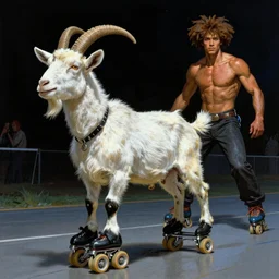 a goat on roller blades, art by frank frazetta and beeple, 4 k, ultra realistic, highly detailed, epic lighting