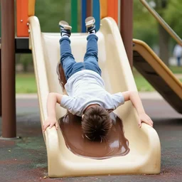 kid going down chocolate pudding slip n slide head first, photo taken at the park