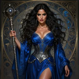 salma hayek as a sorceress, passionate, seductive, sweaty, intricate dressed in ornate blue satin robes metal belt and staff, insane, intricate, highly detailed, digital painting, artstation, concept art, smooth, sharp focus, illustration, unreal engine 5, 8 k, art by artgerm and greg rutkowski and alphonse mucha