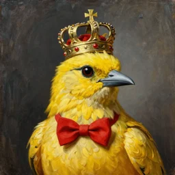 a portrait of an elegant royal yellow bird wearing a crown and a red bow tie by rembrandt, oil painting, high quality