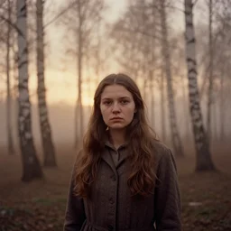 portrait of a young woman, solemn expression, faded color film, russian cinema, tarkovsky, kodachrome, heavy birch forest, long brown hair, old clothing, heavy fog, atmospheric haze, brown color palette, sunset, low light, dramatic lighting