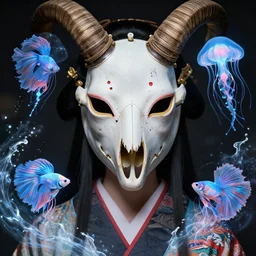 goddess macro close - up portrait with crown and mask made of ram skull. beautiful intricately detailed japanese crow kitsune mask and clasical japanese kimono. betta fish, jellyfish phoenix, bioluminescent, plasma, ice, water, wind, creature, artwork by tooth wu and wlop and beeple and greg rutkowski