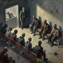 zombies waiting in a waiting room, eerie, liminal, isometric, volumetric lighting, by craig mullins, by mattias adolfsson, oil on canvas,