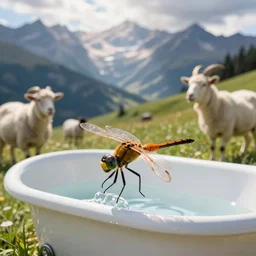 dragonfly in a bathtub in the alps, goats!!!!!! sheeps!!! in background