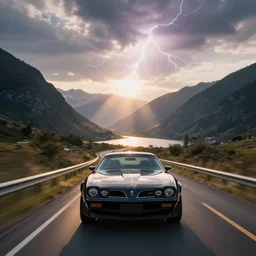 black pontiac firebird trans - am driving towards the camera, mountain, valley, breathtaking mountains, lake, dynamic, sunrise, cinematic, motionblur, sunbeams, volumetric lighting, wide shot, low angle, mind flayer, lightning, mind flayer, lightning creature