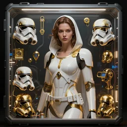beauty woman wrapped in white and gold, Star wars artifacts, electronic case display, cyberpunk tech, ultrarealistic, futuristic, dramatic lighting, electrical details, high details, 4k, 8k, best, accurate, trending on artstation, artstation, photorealism, ultrarealistic, digital painting, style of Peter Mohrbacher, Caravaggio, Caravaggio, Boris Vallejo, Hajime Sorayama