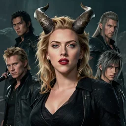 a fancy portrait of a Scarlett Johansson with horns by Greg Rutkowski, Sung Choi, Mitchell Mohrhauser, Maciej Kuciara, Johnson Ting, Maxim Verehin, Peter Konig, final fantasy , mythical, 8k photorealistic, cinematic lighting, HD, high details, atmospheric,
