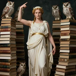 diane lane as the goddess minerva surrounded by stacks of books, owls, esoteric symbols, in the style of dariusz zawadzki, 8 k, hyperdetailed