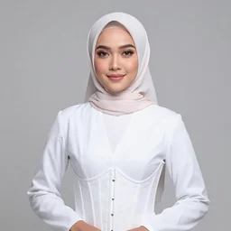 studio photo of a beautiful indonesian woman wearing hijaab and corset over white tunic, low neckline corset, beautiful face, professional photo