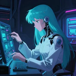 cybernetic late 8 0's moody anime movie still : : synthwave art : : long cyan haired synthetoid android science girl researcher : : somber far future neon lab background interior : : calm studying cyber board