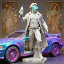 a detailed full bodied marble sculpture of jensen ackles as time traveler stepping out of a futuristic neon colored car, holding a milkor mgl, wearing glowing neon shuttered 1 9 8 0 s glasses!!!!, aetherpunk, masterpiece, 8 k, art by greg rutkowski and albert bierstadt and arthur rackham and alphones mucha