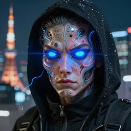 photoreal cyberpunk portrait by nicola samori and russ mills, very intricate! worker wearing a black hoody, glittering light leaks, electromagnetic waves!, blue glowing aggressive led eyes, zbrush, greeble skin, octane render, colani design, cyberpunk, dystopia tokyo