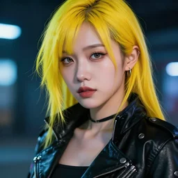young Asian Cyberpunk woman with yellow hair, Close up portrait, wearing a leather jacket, hyperdetailed, artstation, cgsociety, 8k, nighttime