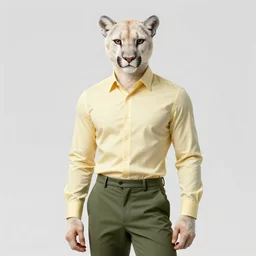 beautiful portrait commission of a male furry anthro!!! albino mountain lion wearing a pale-yellow dress shirt, olive green slacks, and suspenders. Atmospheric. Character design by charlie bowater, ross tran, artgerm, and makoto shinkai, detailed, inked, western comic book art
