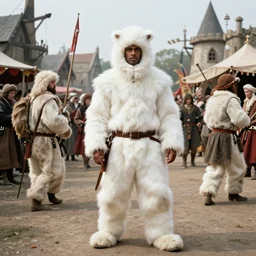 realistic photo of a futuristic medieval village carnival celebration in white furry hairy fur costumes 1 9 6 0, life magazine photo, natural colors, metropolitan museum, kodak, 8 k, very detailed, high resolution, product photo,