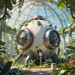 cell-shaded advanced sci-fi nuclear modular reactor inside a giant greenhouse overgrown with vines and plants