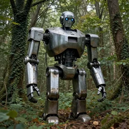 large abandoned metal robot in a forest covered in many leaves and vines
