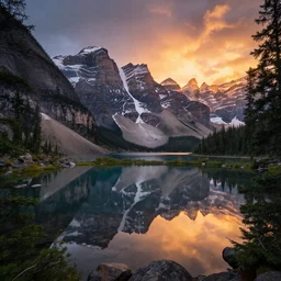 a pond, photography by marc adamus, glacial lake, sunset, dramatic lighting, trees, beautiful'gives instant pleasant looking photography - like images