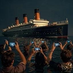 by night, the titanic is sinking, many people are swimming in the foreground, they all raise their smartphones up above the water, filming the titanic sinking, can see the titanic on the lcd screens, photo realistic, color film, by james cameron in the moovie titanic