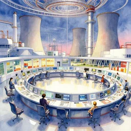 a beautiful insanely intricate watercolor illustration of modern nuclear power station control room, reflexions, colorfull, by william turner art, by greg rutkowski, by james jean, by rossdraws, by frank franzzeta, by sakimichan, by edmund dulac, trending on artstation, insanely detailed, masterpiece,